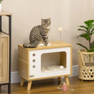 cama de gato é feita de madeira de carvalho e almofada lavável