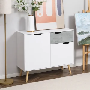 Aparador de sala de estar com 2 portas e 1 gaveta, branco e cinzento 