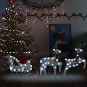 Decoração de Natal renas trenó exterior 60 luzes LED prateado