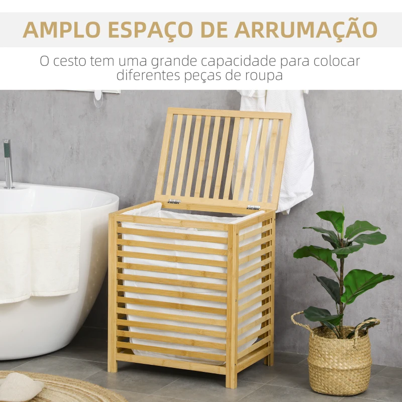 Cesto de roupa de bambu retangular com bolsa interior - móvel de madeira - casa de banho