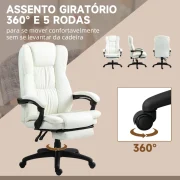 Cadeira de Escritório com Massagem, couro sintético creme, altura ajustável e reclinável em 135º