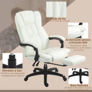 Cadeira de Escritório com Massagem, couro sintético creme, altura ajustável e reclinável em 135º