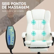 Cadeira de Escritório com Massagem, couro sintético creme, altura ajustável e reclinável em 135º