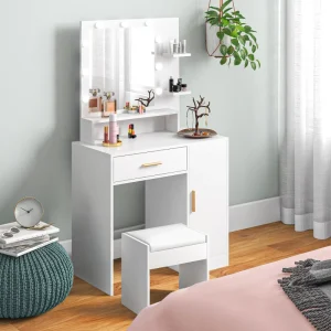 Toucador, Mesa de Maquilhagem com Banco, Branco