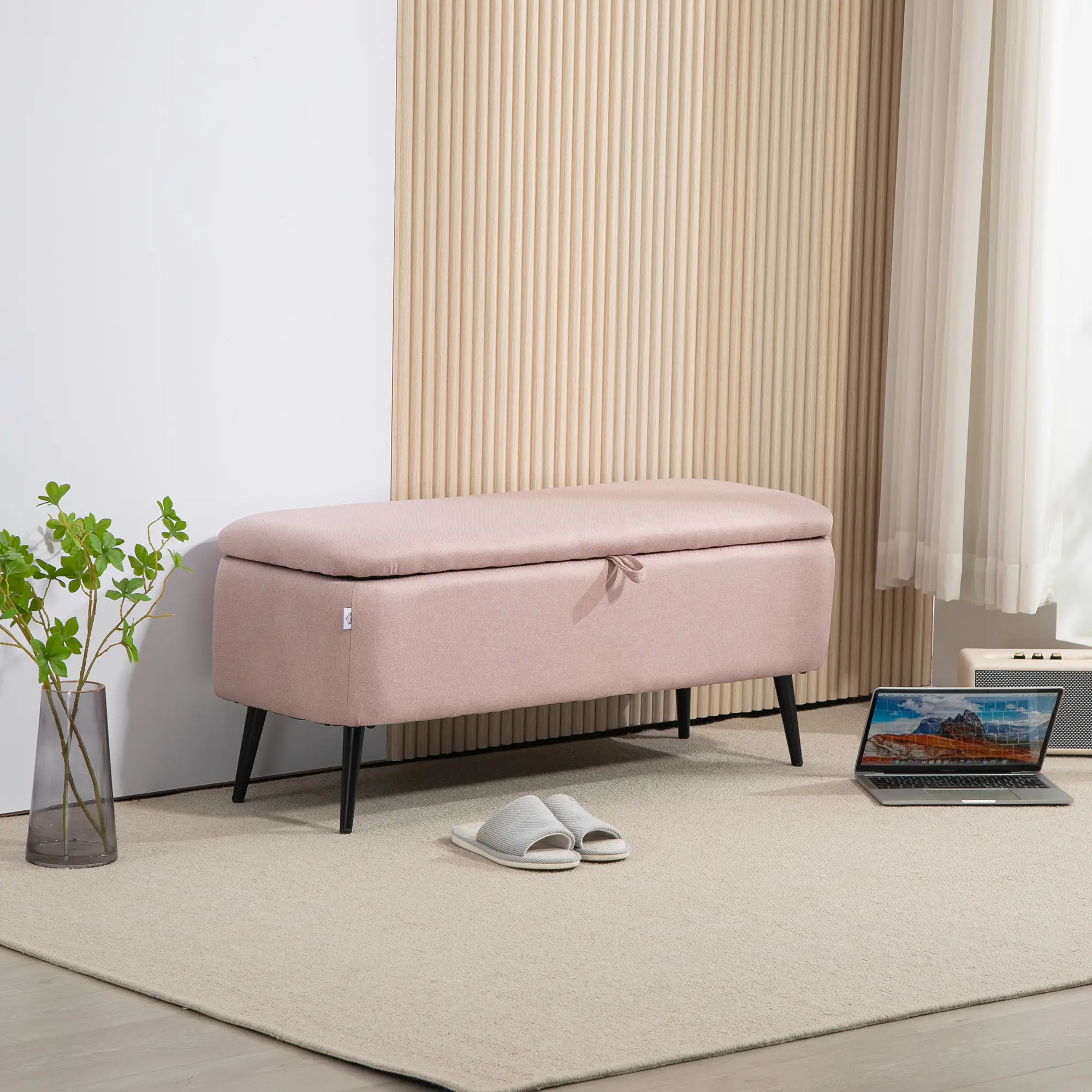 Banqueta de Quarto, com Baú, Estofado em Linho Rosa